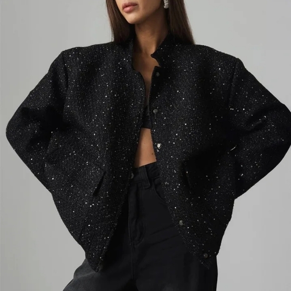 Jackets & Blazers - Tweed Sequin Jacket Women Fashion Coat Trend Casual Warm Chic Elegant FemaleCoat